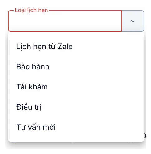 Danh sách 5 loại lịch hẹn khi bấm vào ô Loại lịch hẹn