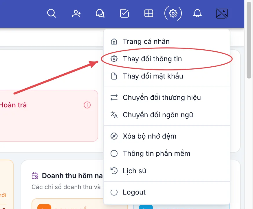 Menu tài khoản, khoanh mục Thay đổi thông tin