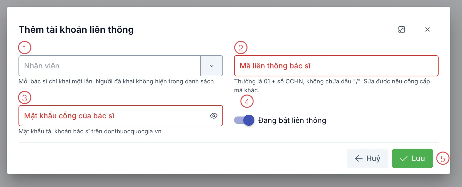 Hộp thoại Thêm tài khoản liên thông với 5 ô được đánh số
