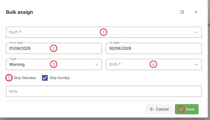 The Bulk assign dialog with six areas numbered
