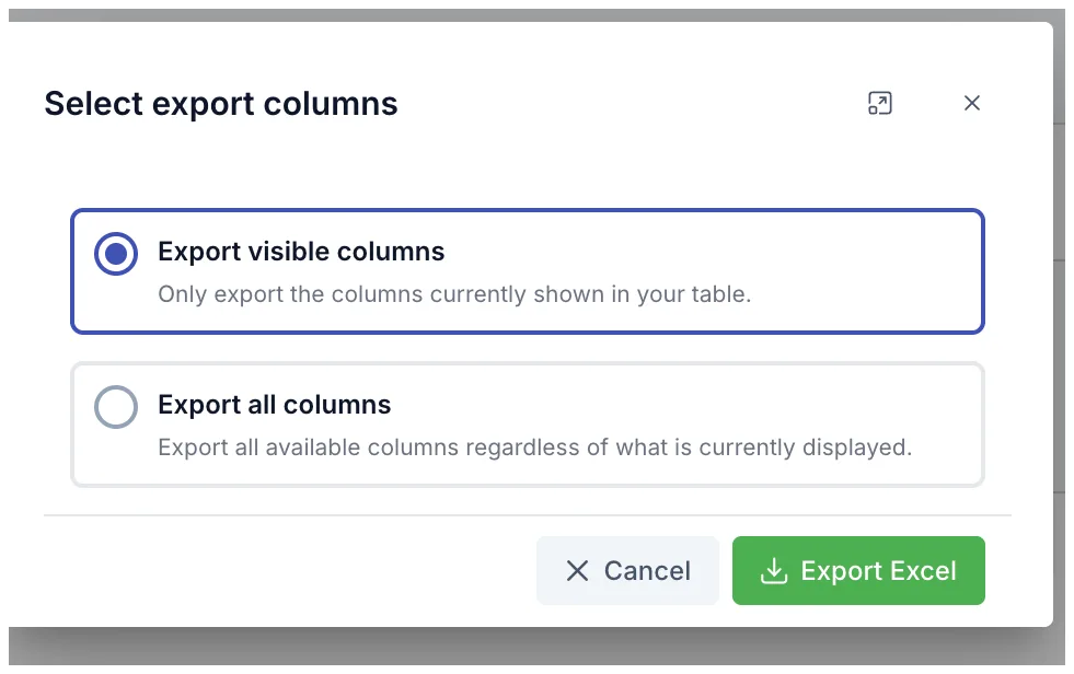 The Choose columns to export dialog