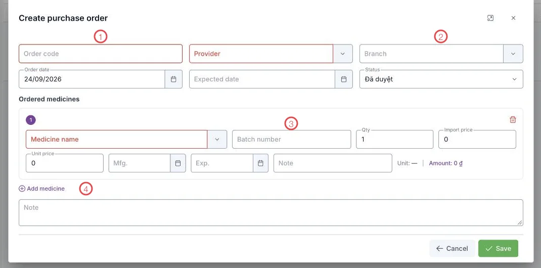 The Create purchase order form with four areas numbered