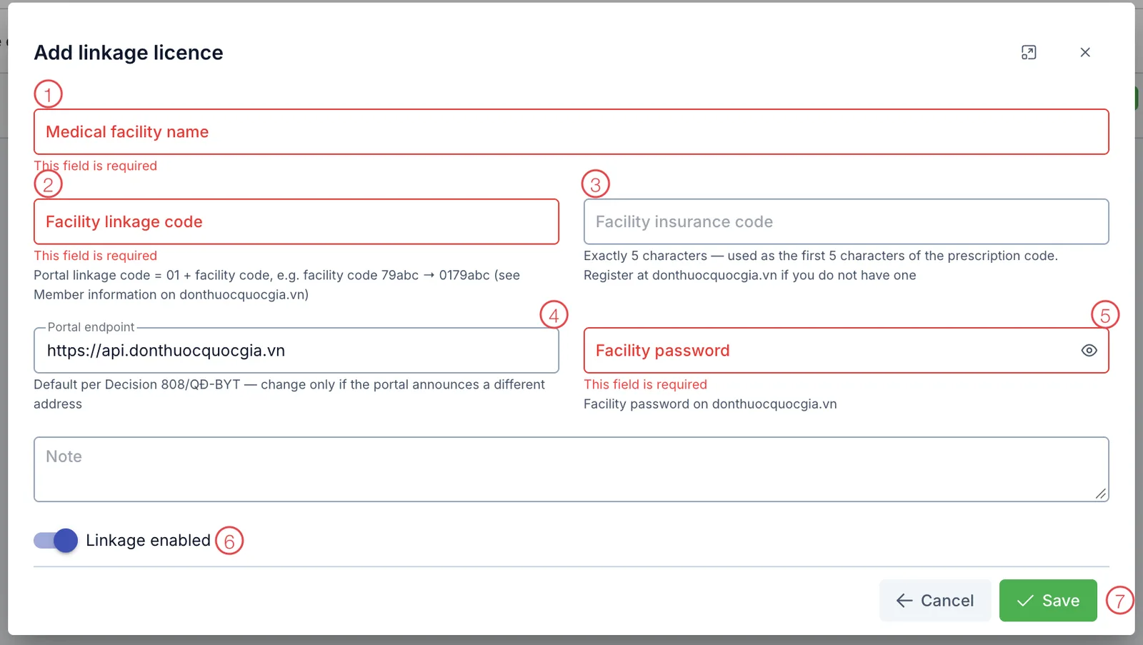 The Add linkage licence dialog with seven fields numbered