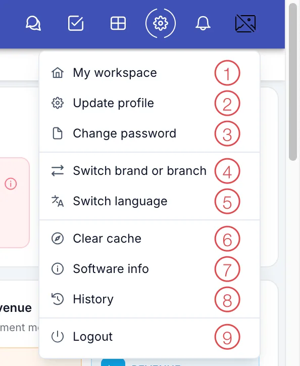 Account menu open with numbered items