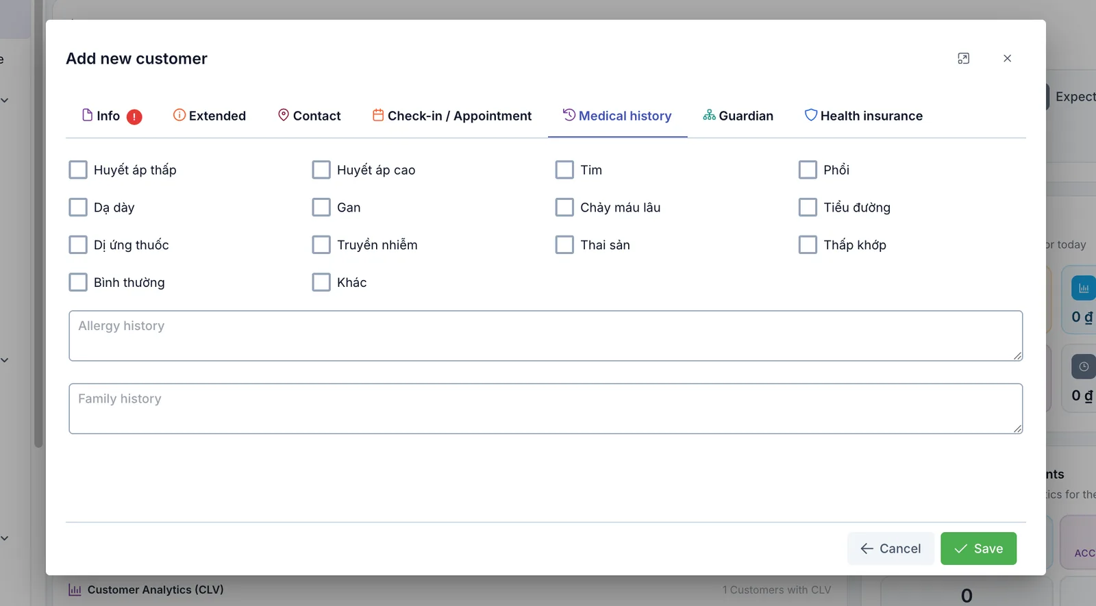 The medical history checkboxes and the two note fields