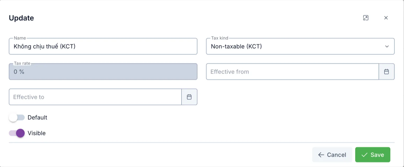 The Update dialog for the Non-taxable (KCT) rate