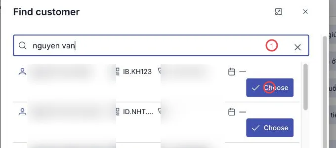 The Find customer dialog with two areas numbered