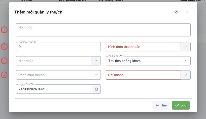 Biểu mẫu thêm mới quản lý thu/chi với 4 khu vực được đánh số