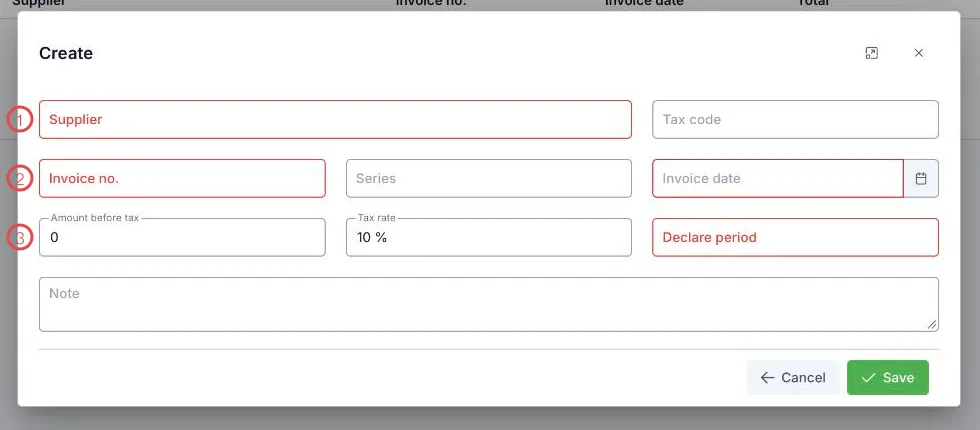 The supplier invoice form with three areas numbered