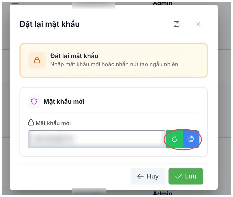 Ô Đặt lại mật khẩu, khoanh đỏ hai nút sinh mã và sao chép