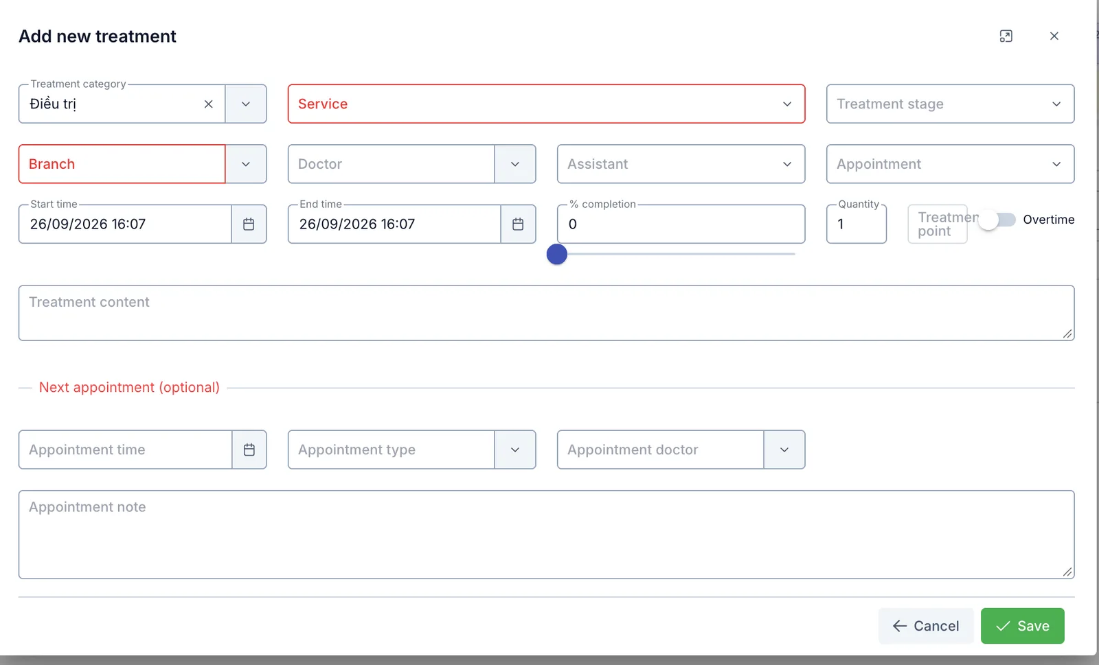 The Add new treatment dialog