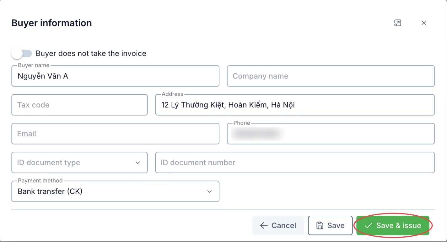 The Buyer information dialog, Save & issue circled in red