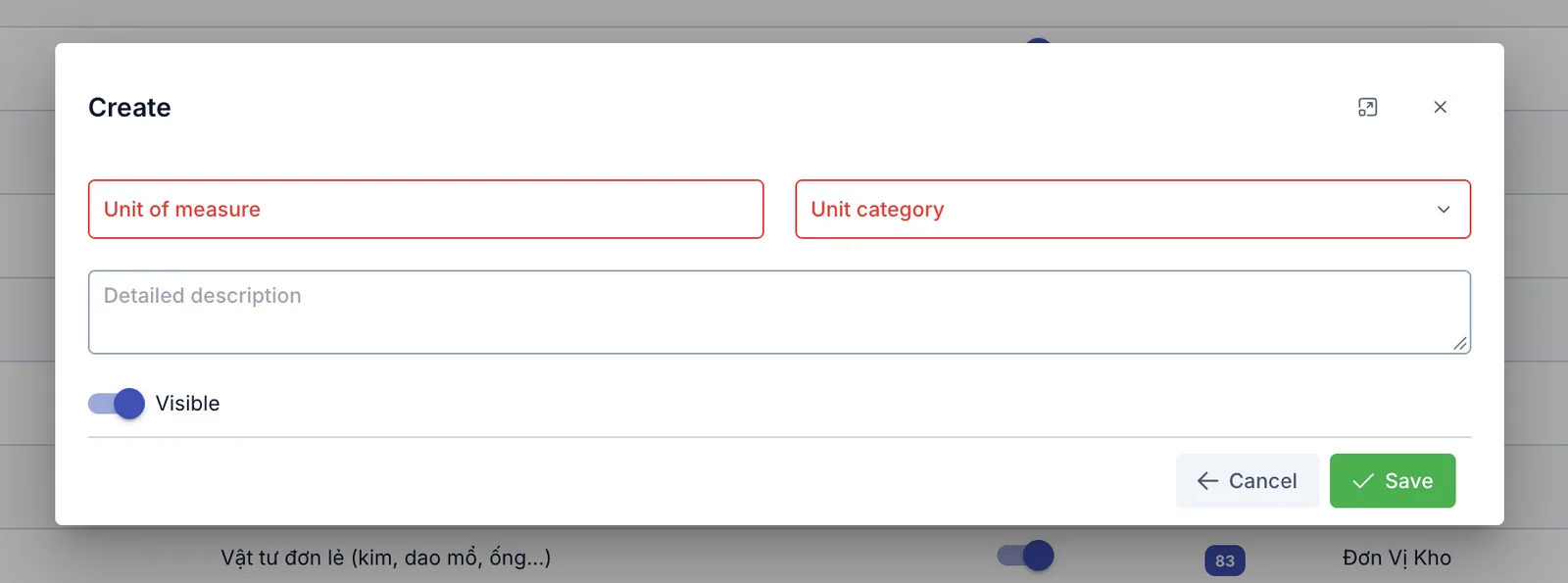 Create unit dialog