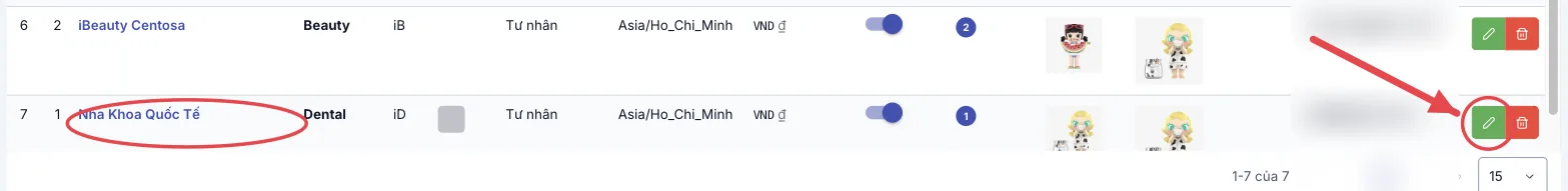 Danh sách thương hiệu, khoanh tên thương hiệu và nút Sửa