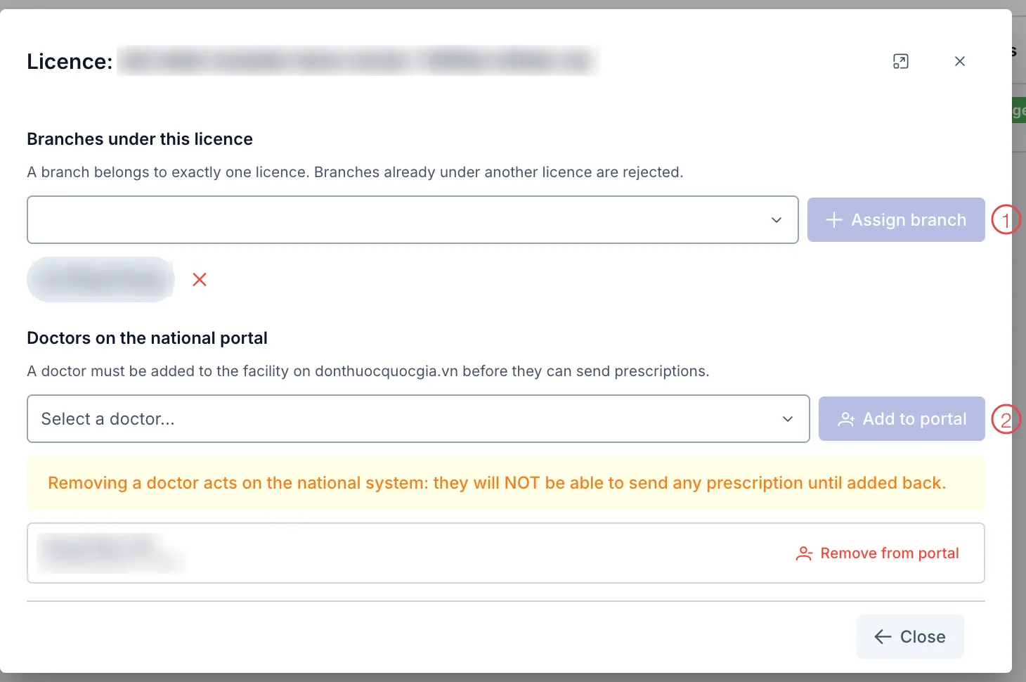 The Licence dialog with two buttons numbered