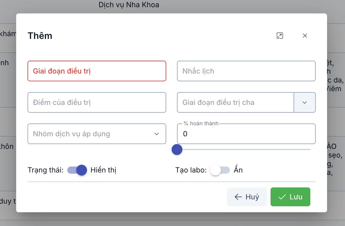 Hộp thoại Thêm giai đoạn điều trị