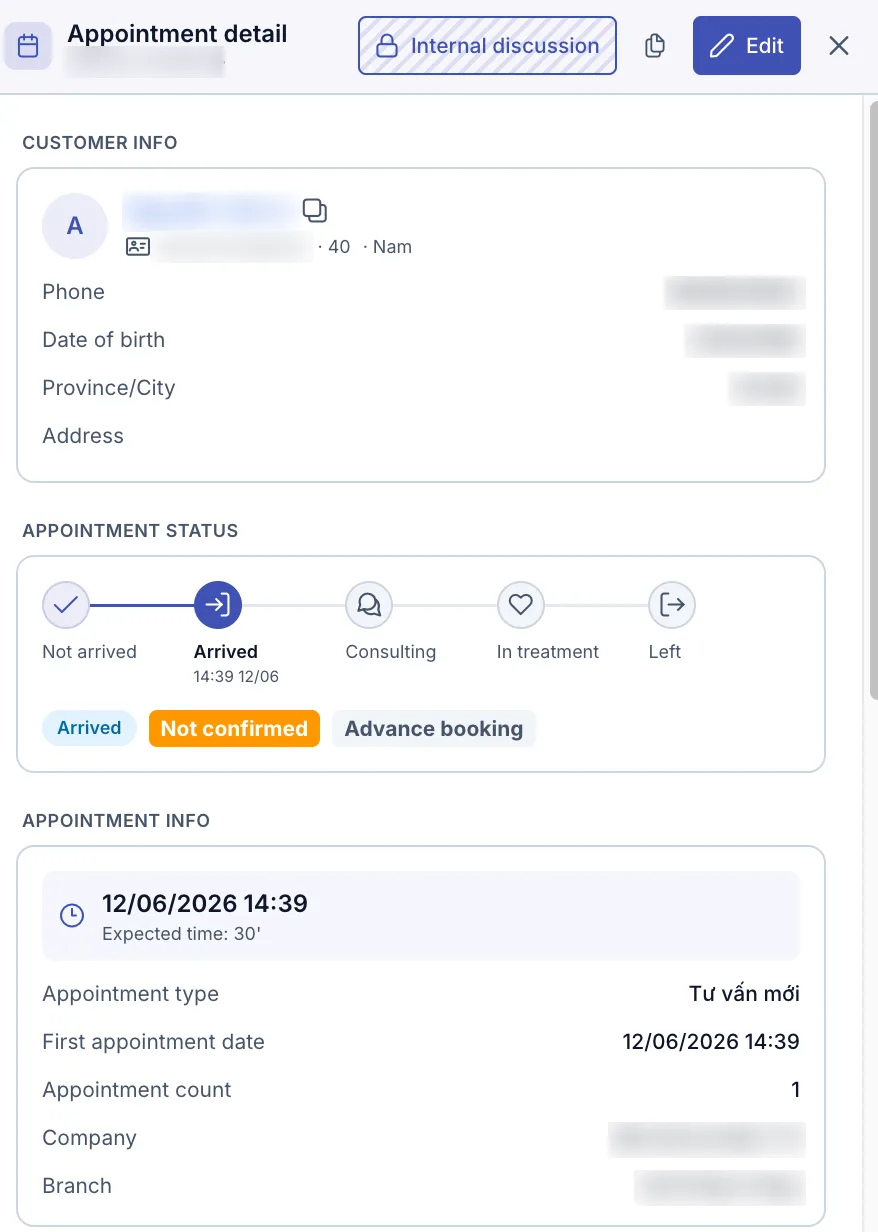 The Appointment detail panel sliding out from the right