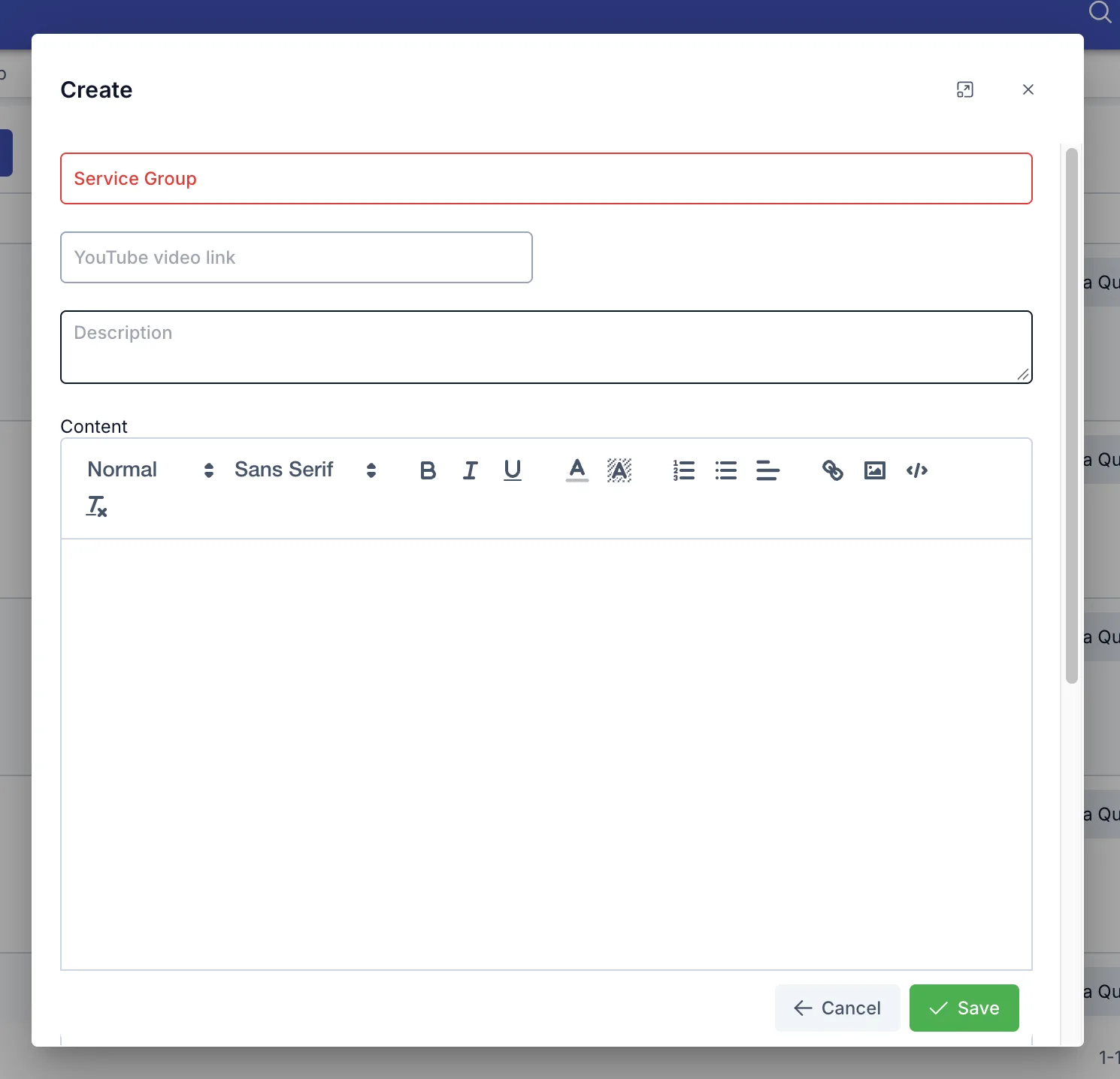 Create service group dialog