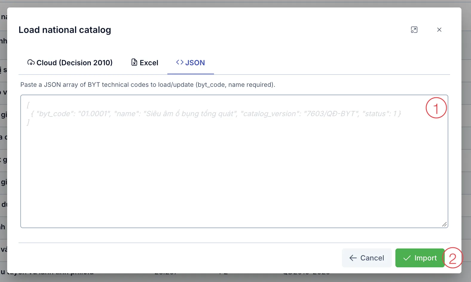 JSON tab in the Load national catalog dialog