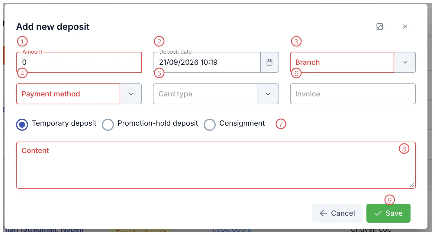 The Add new deposit window with nine areas numbered