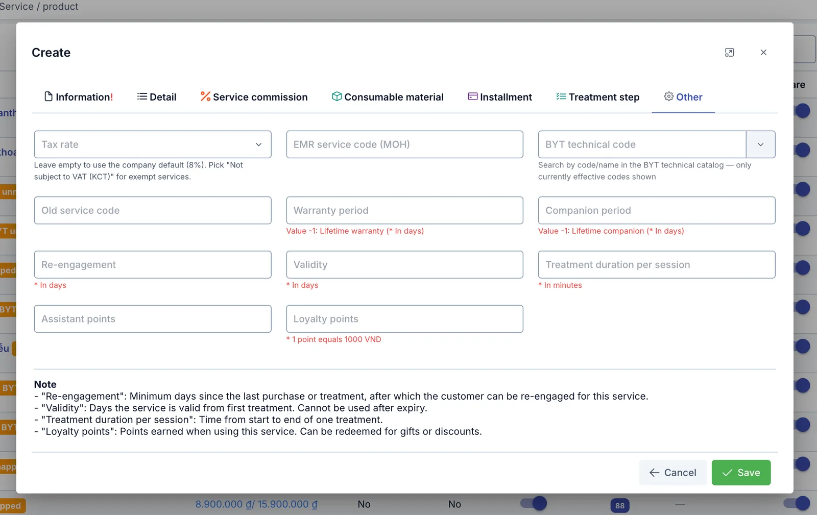 Create service dialog, Other tab
