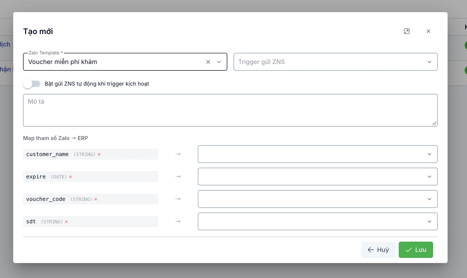 Hộp thoại Tạo mới Mẫu ZNS với ô Zalo Template, Trigger gửi ZNS, và bảng Map tham số Zalo → ERP