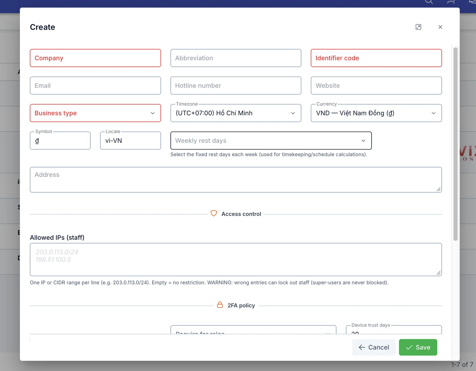 Create brand dialog, basic info and access control section