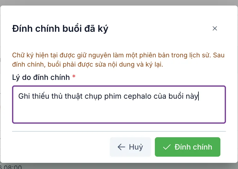 Hộp Đính chính buổi đã ký với ô Lý do đính chính