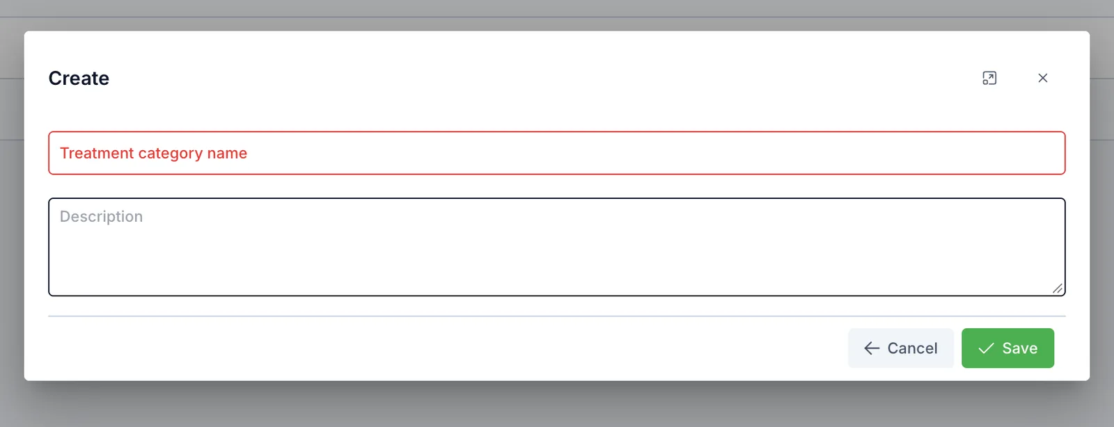 Create treatment category dialog