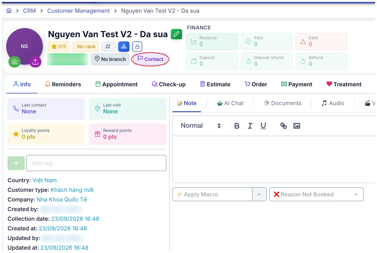 A customer (patient) profile with the Contact stage circled