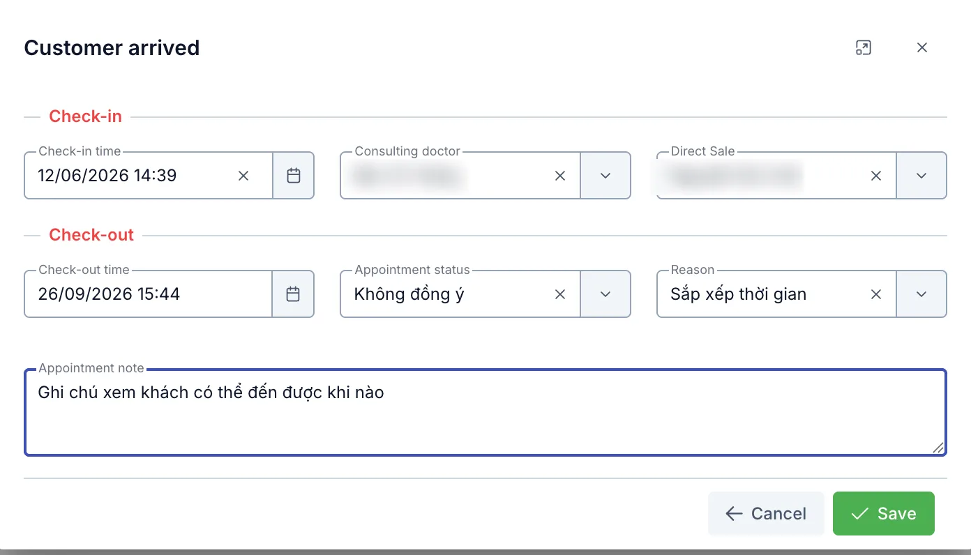 The Customer arrived dialog with its Check-in and Check-out sections