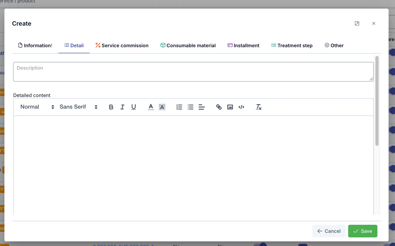 Create service dialog, Detail tab