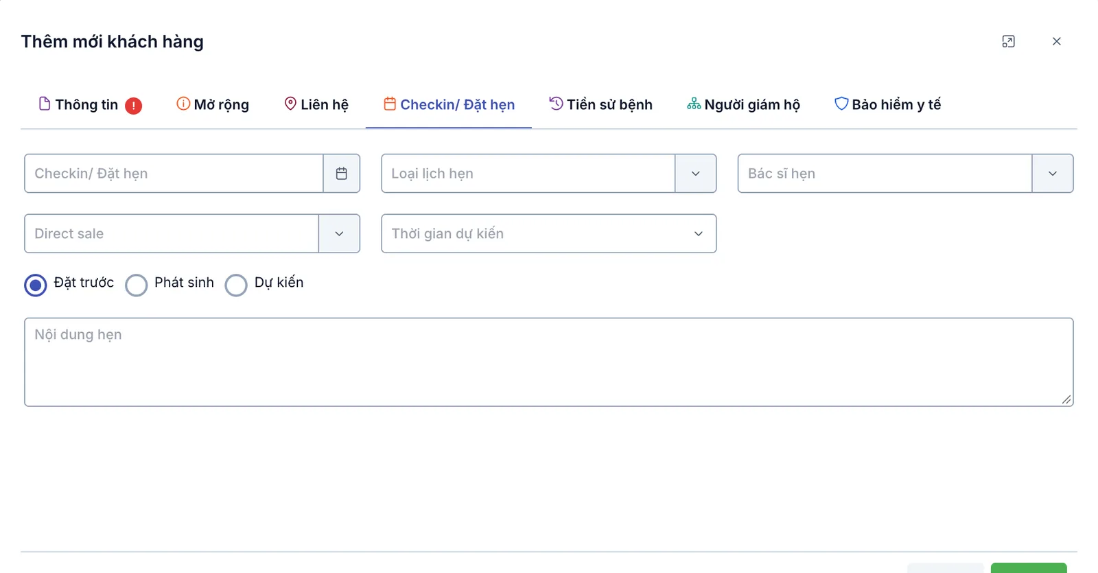 Hộp thoại Thêm mới khách hàng, thẻ Checkin/ Đặt hẹn