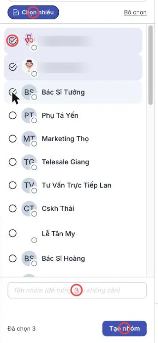 Danh bạ ở chế độ chọn nhiều với 4 khu vực được đánh số