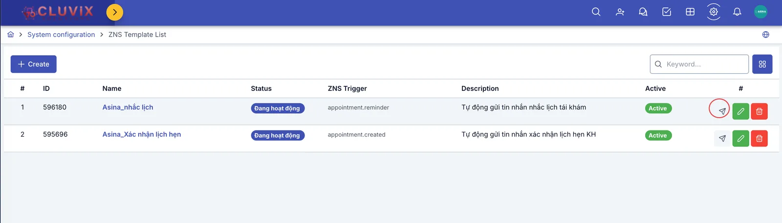 ZNS Templates list, ring around the test-send icon in the row's action buttons