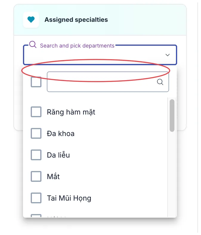 The department picker open, circled in red