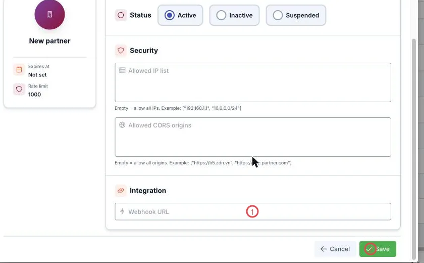 The Integration section of the partner form with two areas numbered