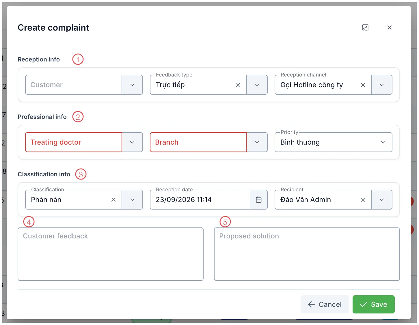 The Create complaint form with five areas numbered