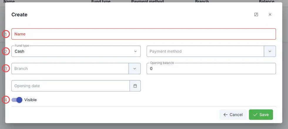 The create fund form with four areas numbered