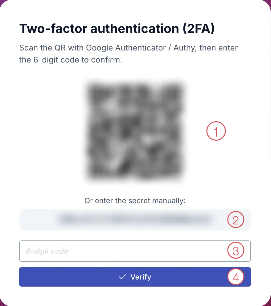 Two-factor authentication screen with QR code, secret, 6-digit code box and Verify button numbered