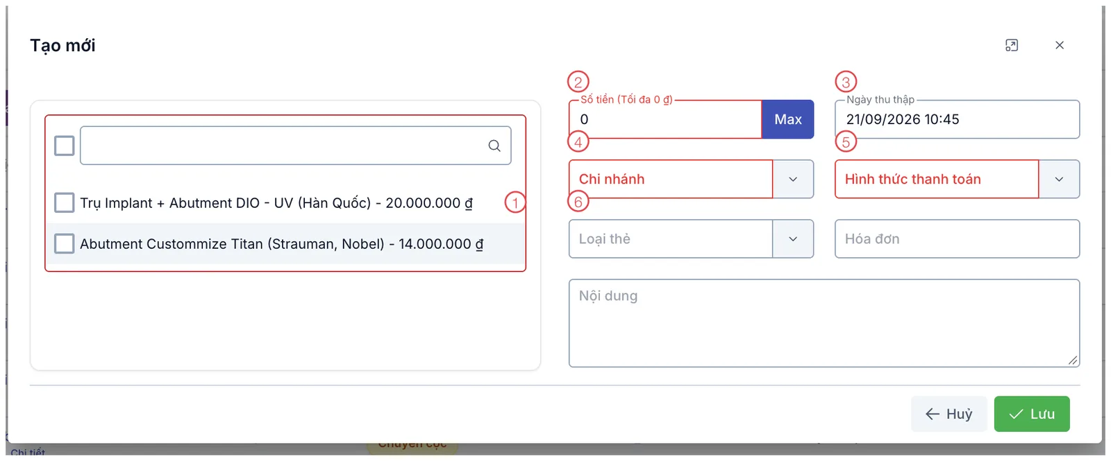 Hộp thoại Tạo mới thanh toán với 6 vùng được đánh số