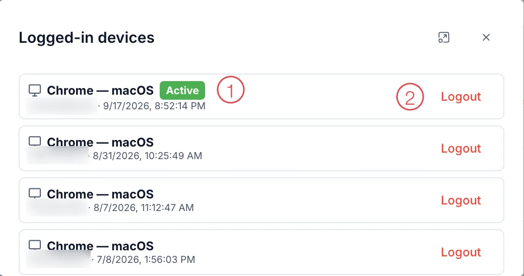 Logged-in devices dialog with the Active tag and Logout button numbered