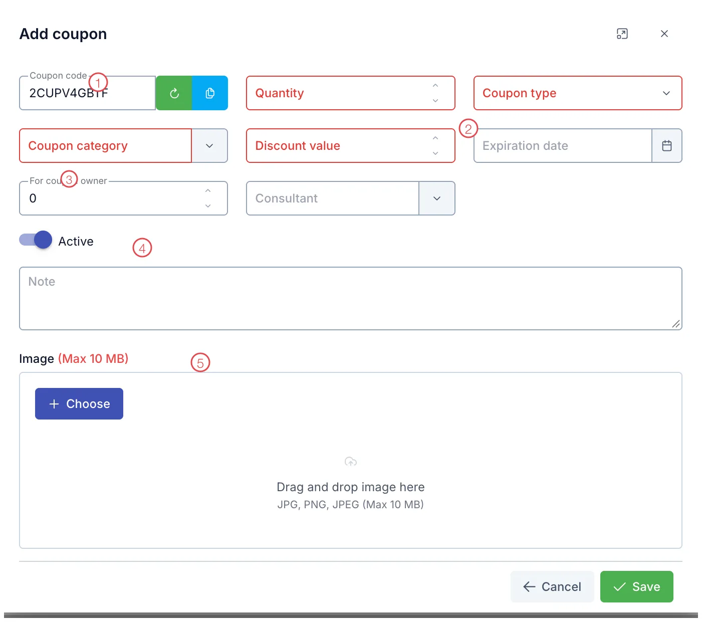 The Add coupon form with five areas numbered