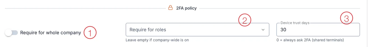 2FA policy section with its 3 settings numbered