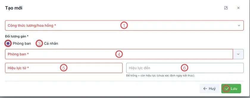 Biểu mẫu Gán công thức với 7 khu vực được đánh số