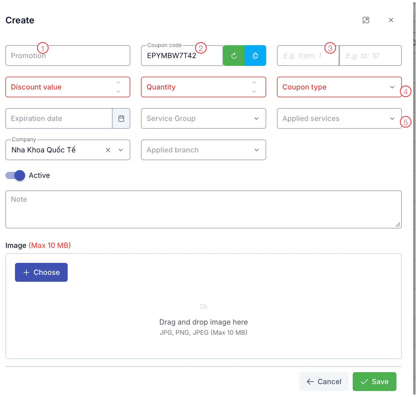 The Create promotion form with five areas numbered