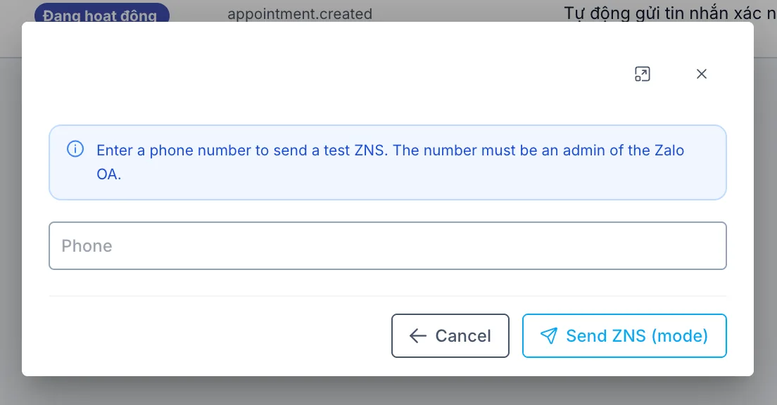 Send test ZNS dialog, enter the phone number of the Zalo OA admin