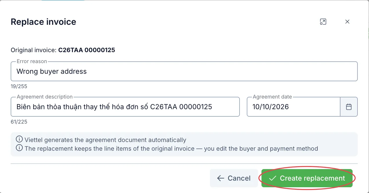 The Replace invoice dialog with a reason filled in, Create replacement circled in red