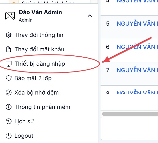 Menu ở cuối thanh trái, khoanh mục Thiết bị đăng nhập