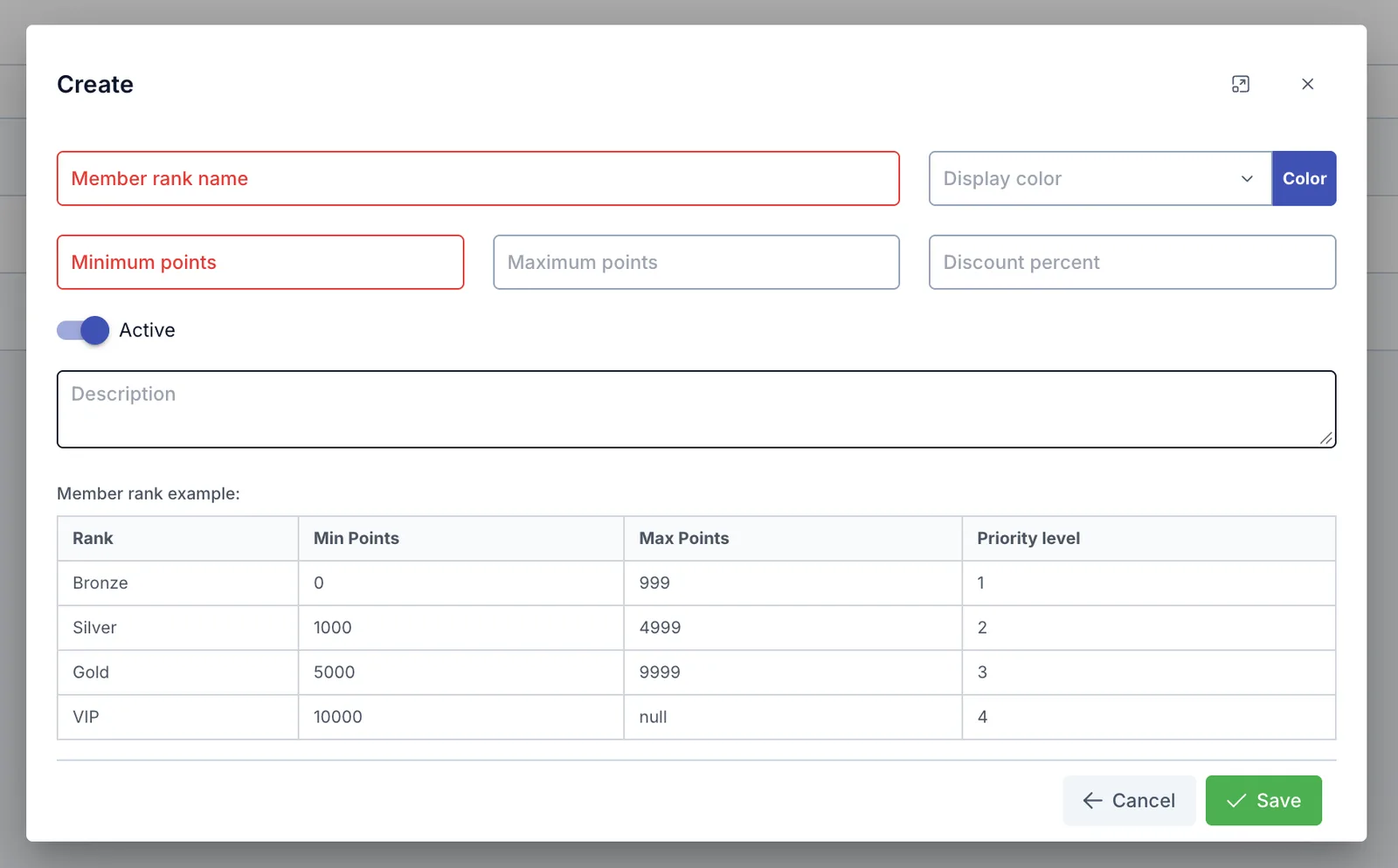 Create Member rank dialog
